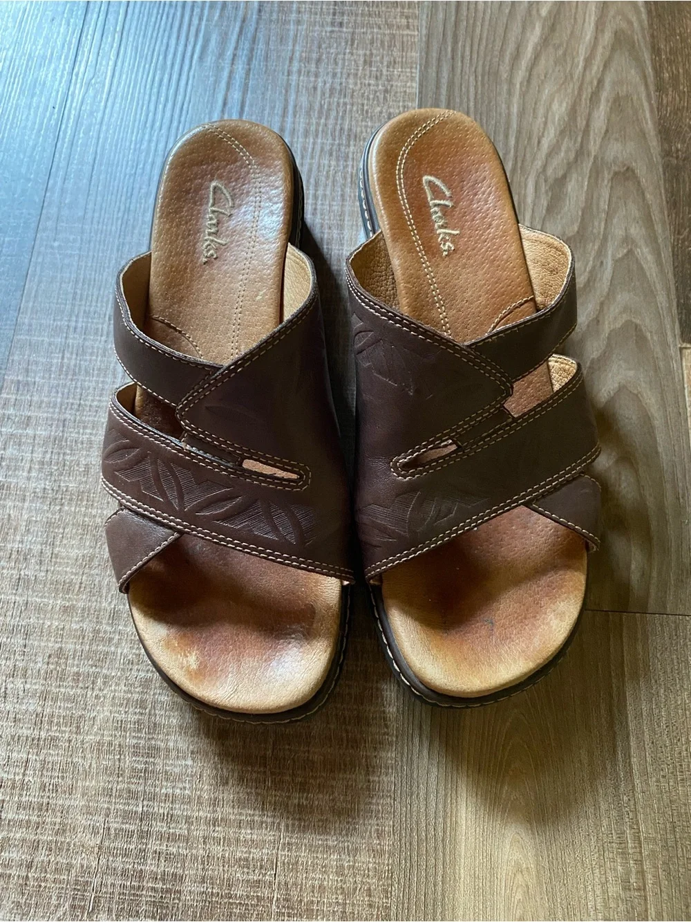 Clarks Brown Leather Women’s Crossover Slide Sandals vintage